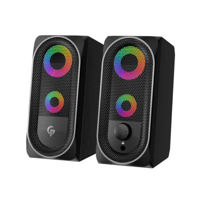 Specifications Product: Stereo Gaming Speakers Model: PDX511-BK Color: Black Wattage: 10W Dimensions: 19 x 16.2 x 13.6 cm Weight: 420 Grams Features Lighting Touch Sensor Non-magnetic Material 3.5mm universal plug USB Power supply Volume Control Knob